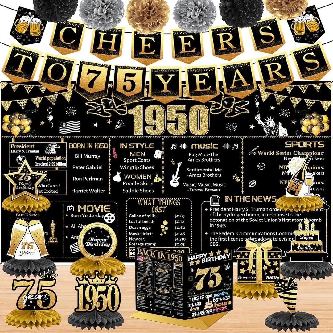 75th Birthday Decorations for Women Men, 18PCS Black Gold Back in 1950 Banner Decorations, Bday Backdrop, 75 Year Old Banner for Grandma Grandpa, Birthday Card, 6 Paper Poms 9 Honeycomb Balls
