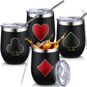 4 Pcs Casino Party Cups Pokers Glasses Stainless Steel Wine Tumblers with Lid and Straw 12 oz Casino Theme Party Decorations Poker Gifts Favors Set for Christmas Birthday Night (Poker) (Black)