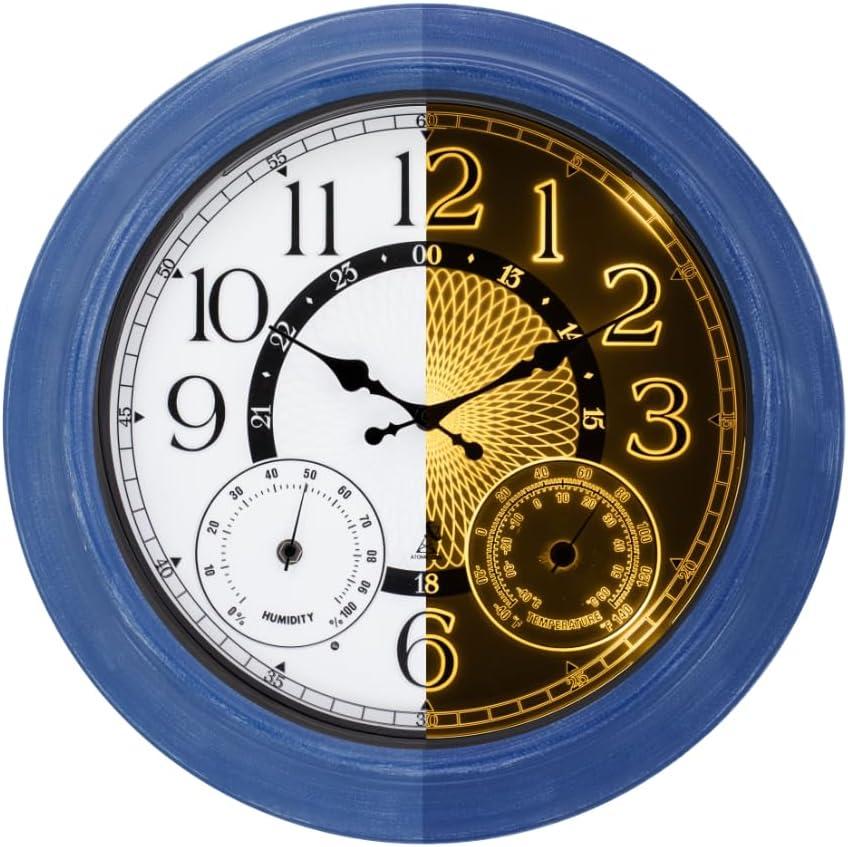 18-Inch Outdoor Wall Clock with Thermometer Hygrometer, LED Auto Light Sensor, Outdoor Clock Waterproof Large Display for Garden Patio Home Decor