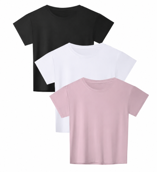HOPLYNN 3 Pack Crop Top T Shirts for Women Workout Gym Athletic Running Yoga Casual Short Sleeve Crew Neck Tee Shirts Tops 1 Black 1 White 1 Pink, Medium