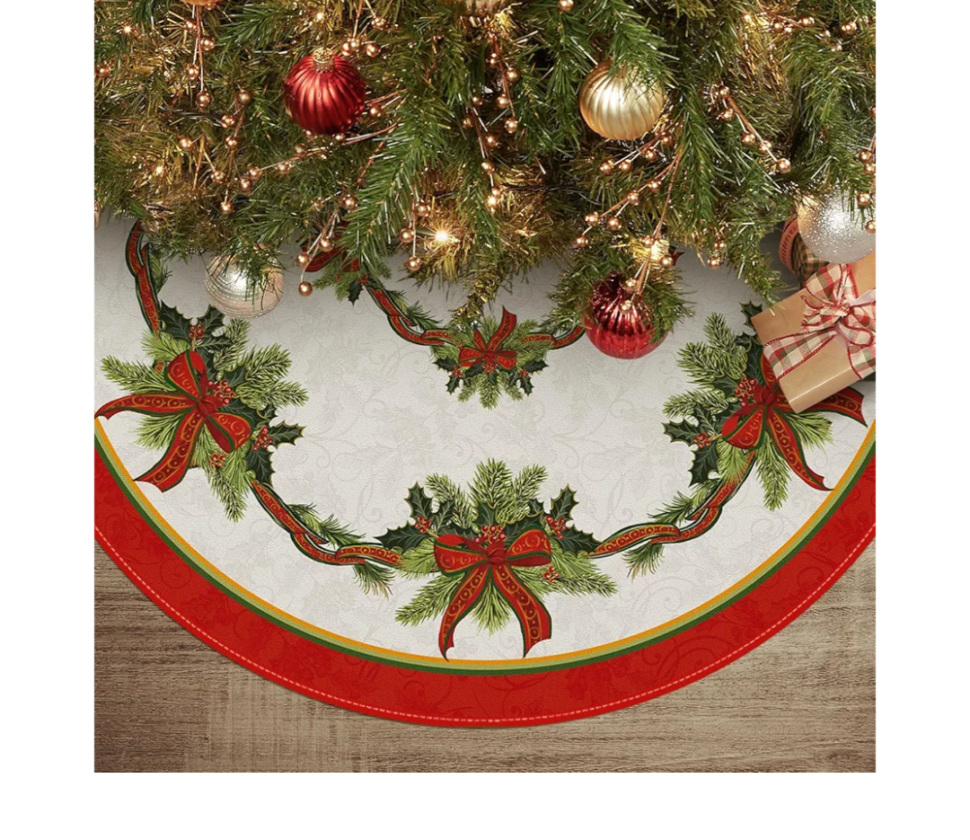 AVOIN colorlife Christmas Tree Skirt 48 Inch, Christmas Ribbon Holly Winter Holiday Tree Mat Decoration