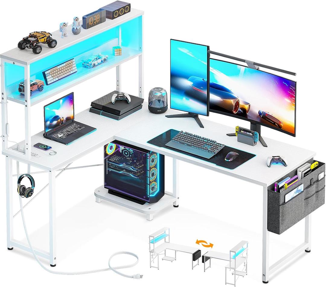 AODK L Shaped Desk Gaming Desk with LED Light & Power Outlet, 53 Inch Reversible L Shaped Computer Table with Shelf, Corner Desk with Storage Bag&Hook for Home Office Desk, White
