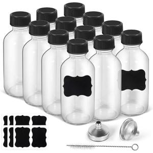 2oz Small Clear Glass Bottles with Lids, 2 Stainless Steel Funnel, 12 Labels,1 Brush - 60ml Reusable Boston Bottle for Juice, Ginger Shot, Wellness, Oils, Whiskey, Liquids - Leakproof Travel Bottle