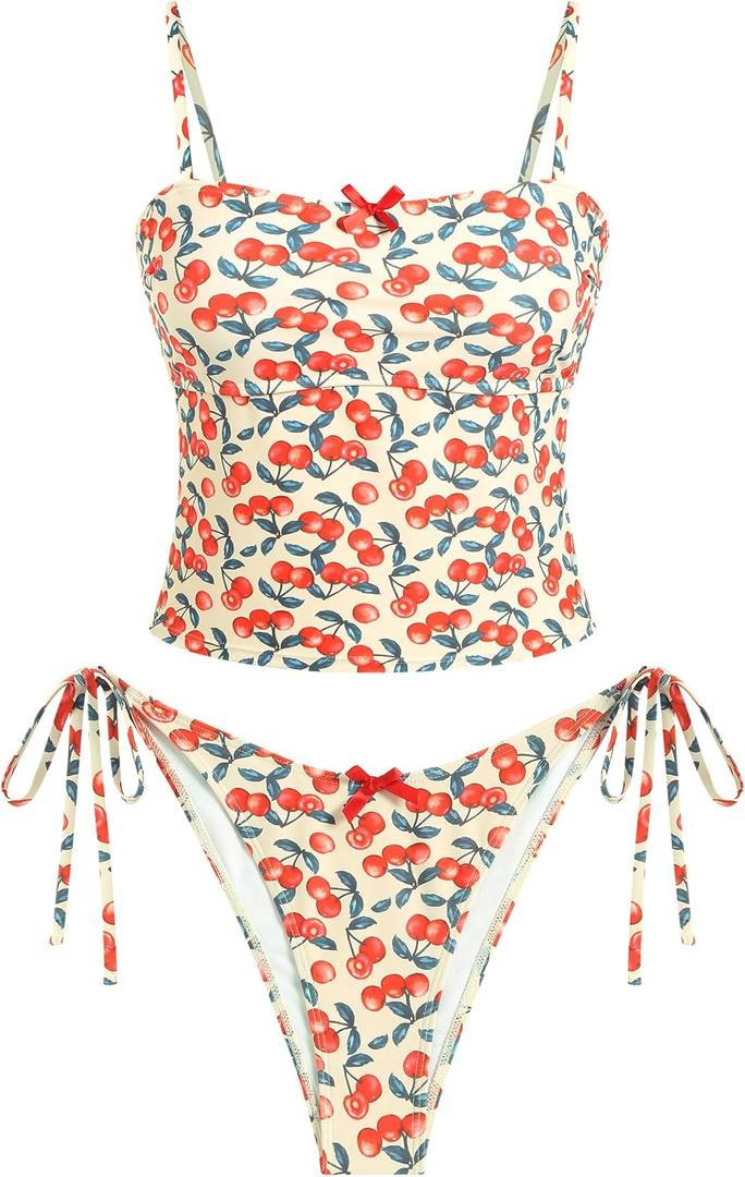ZAFUL Tankini Swimsuits for Women Bow Tie Side Bathing Suits Tummy Control High Cut Two Piece Bikini Sets (Medium, 1-cherry)