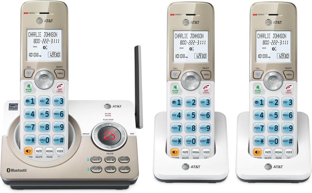 AT&T DL72319 DECT 6.0 3Handset Cordless Phone for Home with Connect to Cell, Call Blocking, 1.8" Backlit Screen, Big Buttons, intercom, and Unsurpassed Range