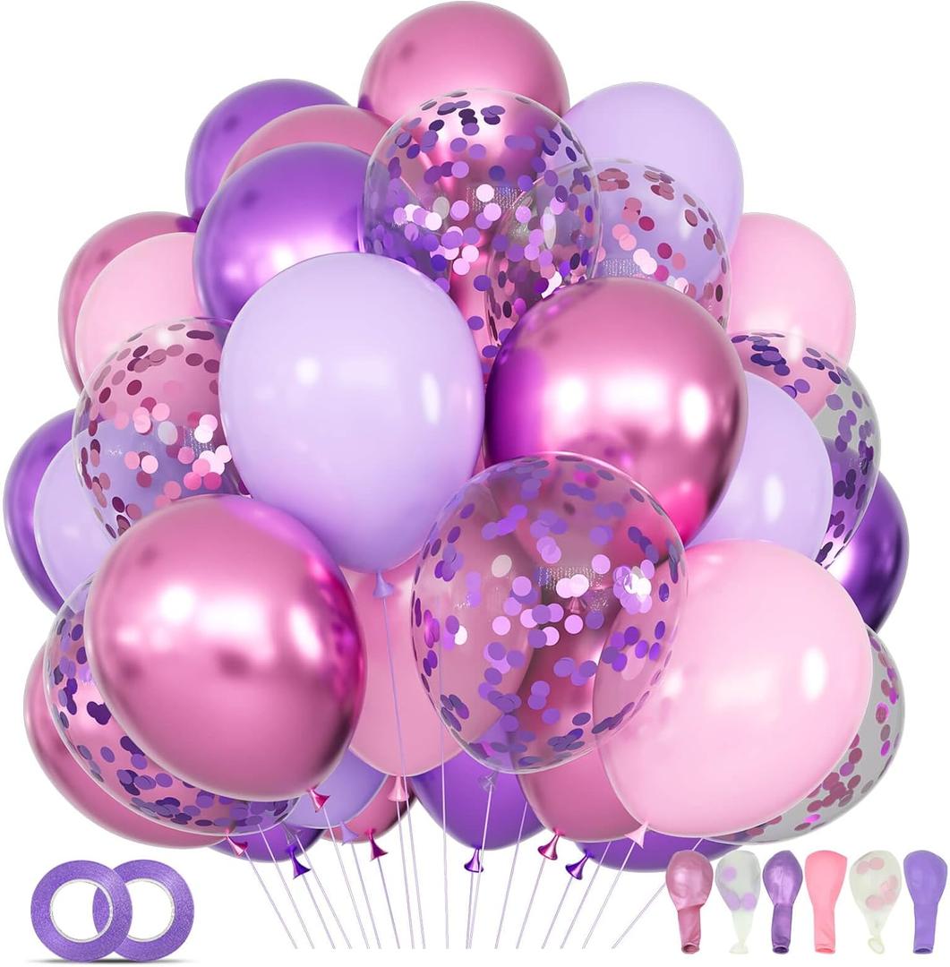 68Pcs Pink and Purple Balloons 12 Inch Metallic Purple Pink Latex Balloon Confetti Ballons with Ribbons Party Balloons for Wedding Girls Birthday Baby Shower Decorations