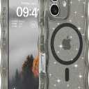 FABSPARK Case for iPhone 16,Compatible with MagSafe,Magnetic Clear Curly Wavy Frame Wave Case with Sparkly Bling Glitter,Transparent Acrylic Hard PC for iPhone 16,Glitter Clear Black