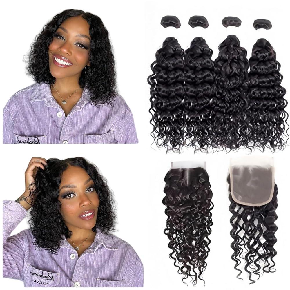 Foruiya Water Wave 4Bundles(50g/bundle) with Middle Part Closure Weave Hair Human Bundles with T Lace Closure Brazilian Wet and Wavy Bundles with Closure (10/10/10/10+10" closure)