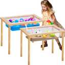 Uiifan 2 Sets Wood Sensory Sand Water Table 20 Inch High Kid Activity Table for Kids Toddlers Preschool Classroom Gift(Wood Color)