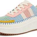 LUCKY STEP Women's Platform Sneakers Rhinestone Fashion Chunky Casual Sparkly Retro Braided Walking Shoes (9.5, Pink/Yellow Multi Knit)