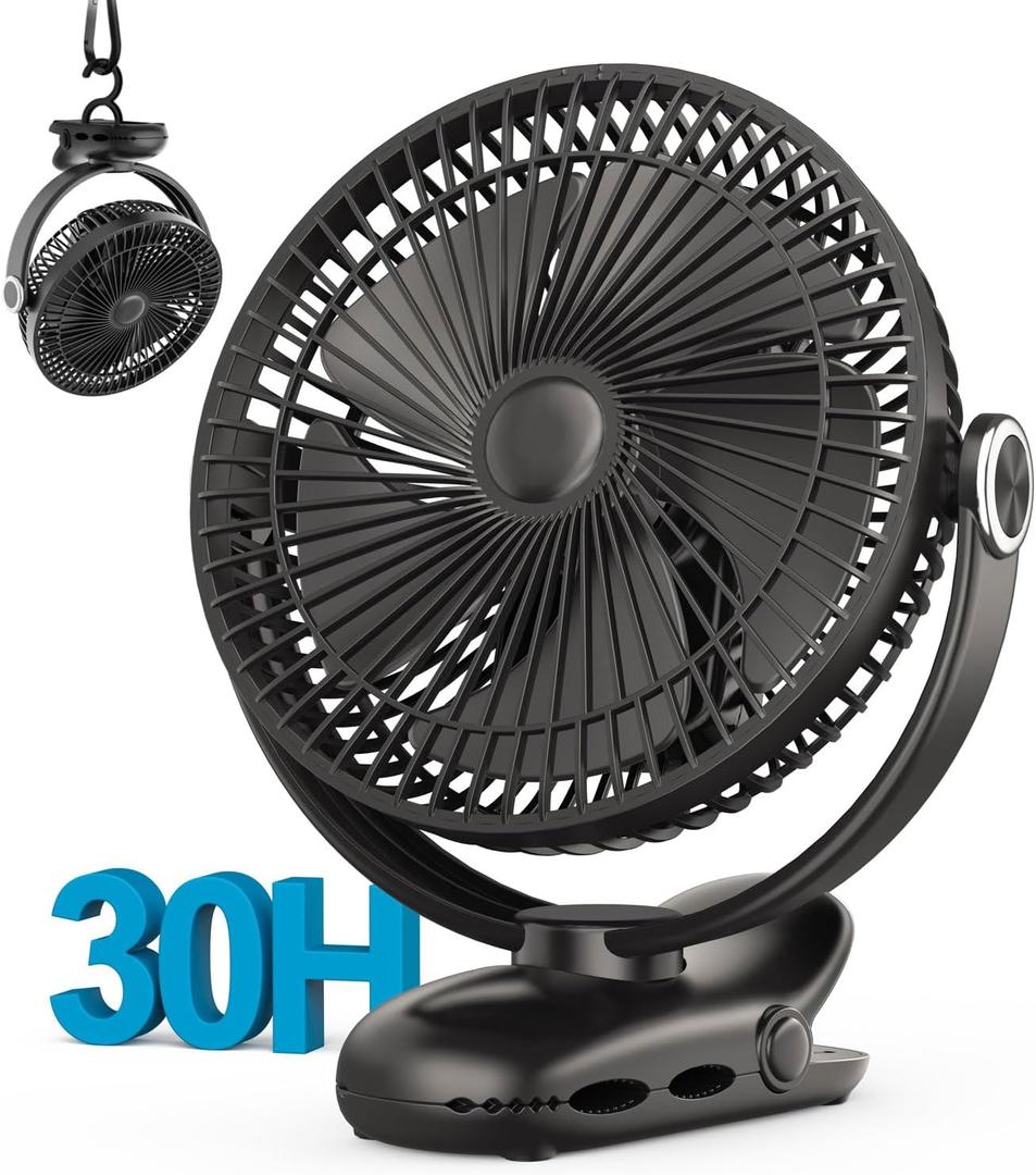 10000mAh 30hrs Portable Fan Rechargeable, 8-Inch Battery Operated Clip on Fan, USB Fans, 4 Speeds, Strong Airflow, Sturdy Clamp for Golf Cart Office Desk Outdoor Travel Camping Bed Truck Treadmill (Black)