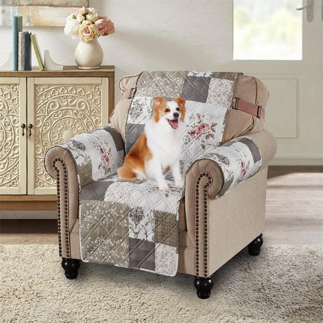 Brilliant Sunshine Rose and Toile Patchwork Quilted Chair Slipcover, 23" Seat Width, Slip Resistant Furniture Protector, 2" Strap, Washable Armchair Cover for Pets, Kids, Dogs, Cats, Rose Grey