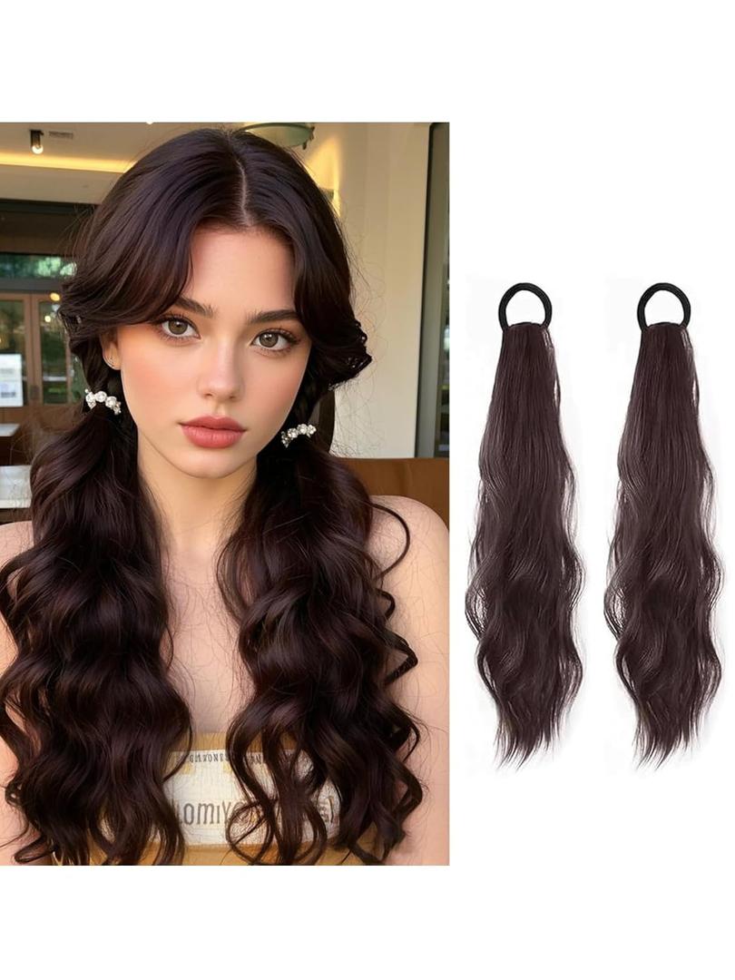 2PCS Curly Ponytail Extension with Elastic Tie 17 Inch Resistant Synthetic Natural Wavy Hairpiece Pony Tail Hair Extensions Wave Fake Ponytail Hairpieces for Women Daily Wear (Brown)