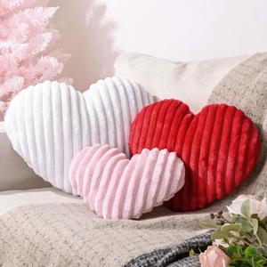 Valentines Day Decor, 3Pcs Plush Faux Fur Striped Valentines Day Pillows, Red Pink White Heart-Shaped Cushions Valentines Decor for Valentines Gifts, Bedroom, Sofa, Holiday Pillows