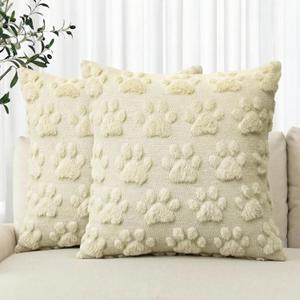 AVOIN colorlife Spring Pet Dog Paws Beige Throw Pillow Covers, 18 x 18 Inch Soft Plush Faux Fur Jacquard Cushion Case Farmhouse Decoration for Sofa Couch Set of 2