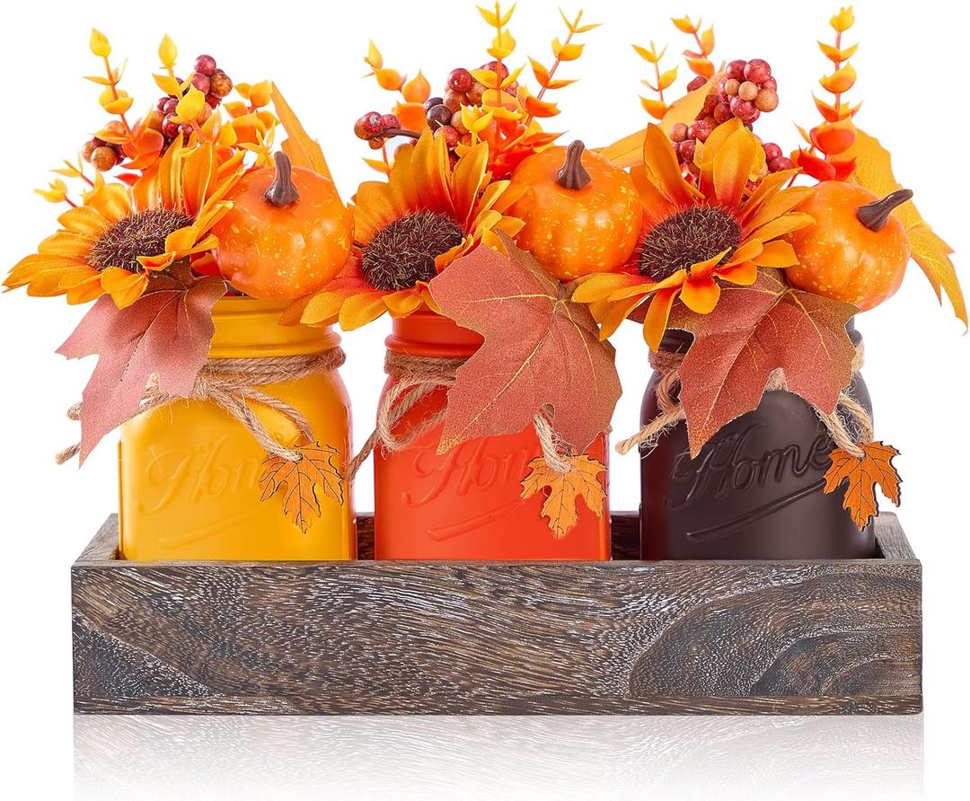 Mason Jar Fall Thanksgiving Centerpieces for Tables Fall Thanksgiving Table Decor, Flower, Wood Tray, Pumpkin Centerpieces Table Decorations for Home Indoor, 25 Pcs Autumn Kitchen Decor