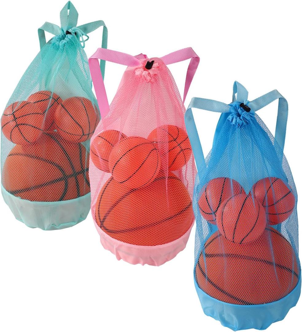 Lyreh 3pcs Mesh Drawstring Beach Bag, 3 Color Durable Beach Sand Toys Mesh Backpack Swim and Pool Balls Storage Bags Packs for Kids Men Women Athletic Gym Sports Workout(Green, Blue, Pink)