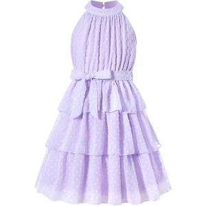 Move Dance Girls Halter Neck Dress Summer Flared A-Line Swiss Dot Chiffon Sundress 6-13 Years Old (Purple)