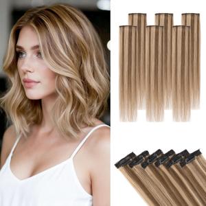 Short Hair Extensions Clip ins, S-noilite Short Clip in Hair Extensions Real Human Hair, Mini Hairpieces for Add Volume and Highlights,6 Pieces 31g 10 inch Medium Brown Mixed Dark Blonde