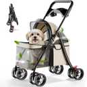 GTPLAYER Foldable Pet Stroller for Small Dogs and Cats, Holds Up to 33 lb, 4-Wheel Stroller with 2 Safety Tethers, Breathable Mesh, Lockable Front Wheels, Cup Holder/Tray & Storage Pocket, Cream