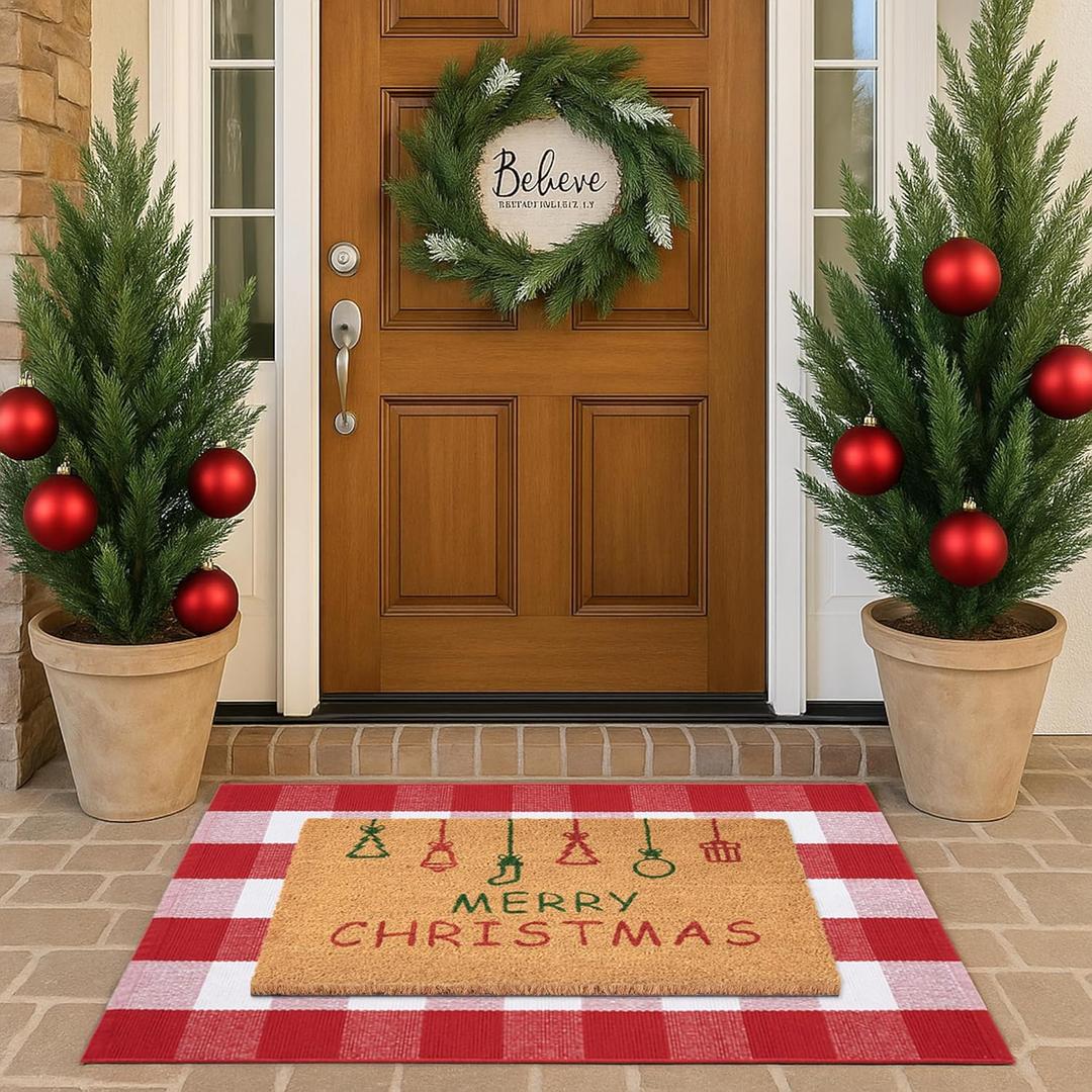 Christmas Door Mat Combo Set - 100% Coco Coir Welcome Mat + 28 x 43 Inch Red and White Plaid Rug, Holiday New Year Christmas Collection Decorative Doormat for Front Porch Entryway Decor