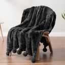 PAVILIA Black Sherpa Throw Blanket for Couch, Warm Plush Pom Pom Throw, Fuzzy Sofa Blanket, Lightweight Soft Cozy Fluffy With Pom Poms, 50x60