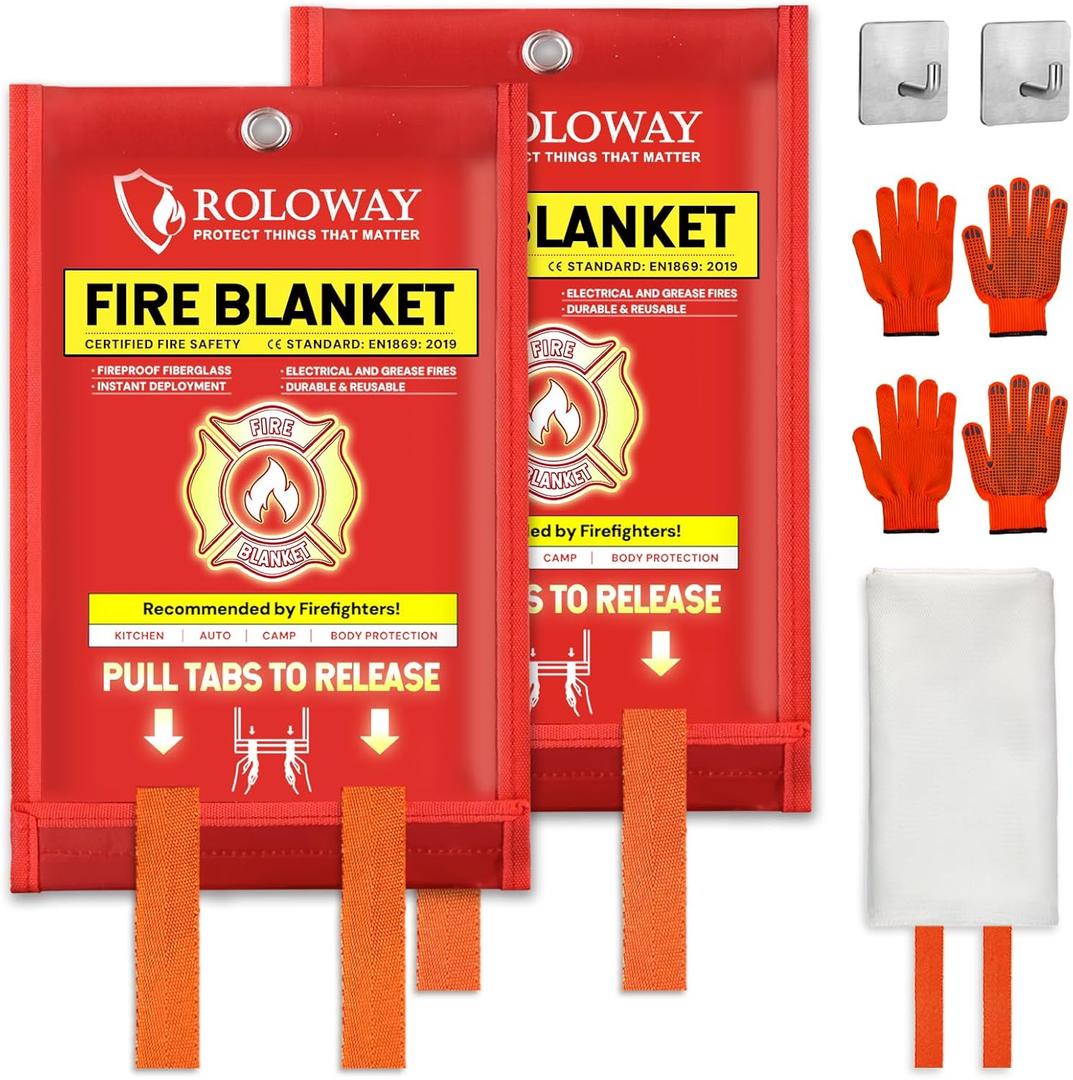 ROLOWAY Emergency Fire Blanket for Home and Kitchen, Fire Blankets Emergency for Home Safety (40 x 40 Inch) with Hooks, Gloves, Fire Suppression Blanket with Emergency Whistle for Fire Safety (2 Pack)