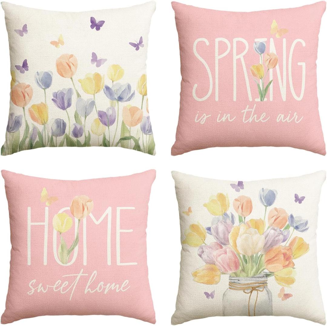 AVOIN colorlife Spring is in The Air Tulip Vase Throw Pillow Covers, 18 x 18 Inch Home Sweet Home Butterfly Pink Cushion Case Decoration for Sofa Couch Set of 4