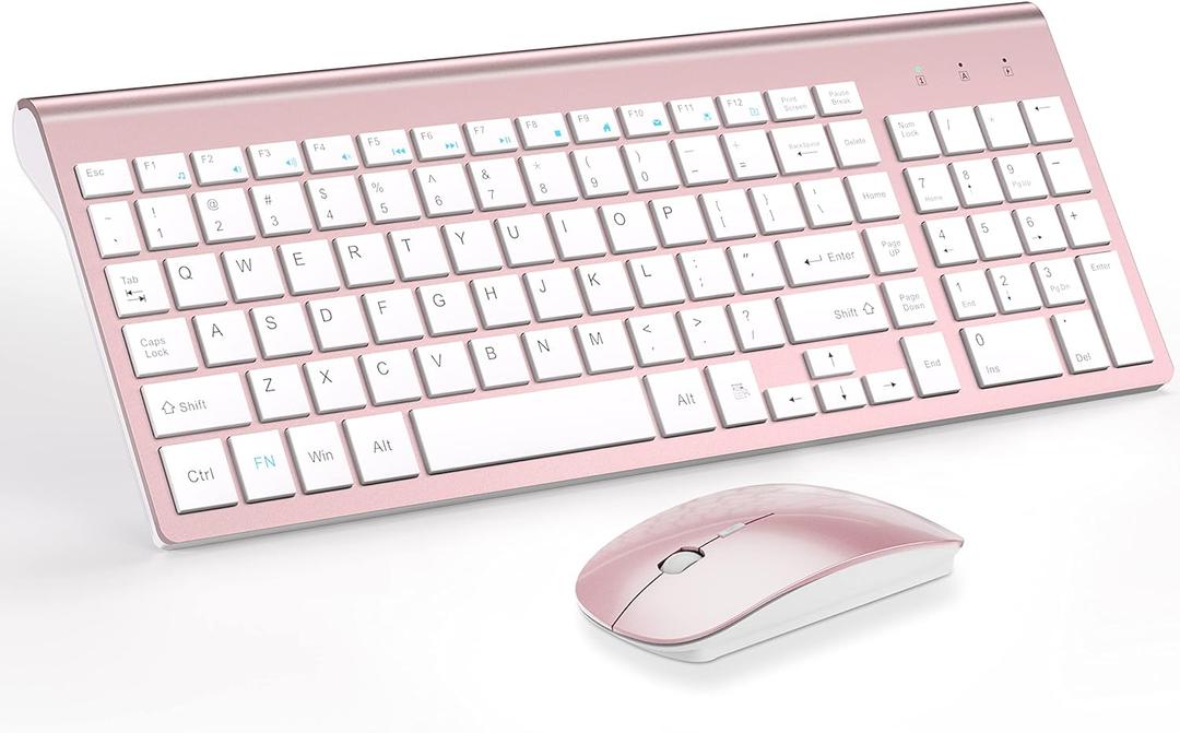 Wireless Keyboard and Mouse Ultra Slim Combo, TopMate 2.4G Silent Compact USB 2400DPI Mouse and Scissor Switch Keyboard Set with Cover, Batteries Included, for PC/Laptop/Windows/Mac - Rose Gold White