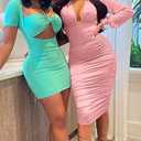 GOBLES Women's Sexy Long Sleeve Deep V Neck Ruched Bodycon Cocktail Party Midi Dress (Pink, M)