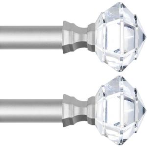 TONIAL 2 Pack Curtain Rods 32 to 58 Inch, Telescoping Splicing 3/4 Single Rods for Windows Decorative Drapery Rod with Acrylic Diamond Finial, Nickel