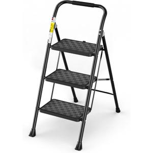 HBTower 3 Step Ladder, 3 Step Stool for Adults, 3 Step Ladder Folding Step Stool with Cushioned Handle Step Ladder with Wide Pedal Ergonomic Design, Black