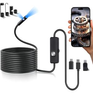 Endoscope Camera with Light,16.4ft Dual-Lens Borescope Tools with 8 Adjustable LED Lights, Endoscope with Semi-Rigid Snake Camera, IP67 Waterproof Inspection Borescope for iOS and Android