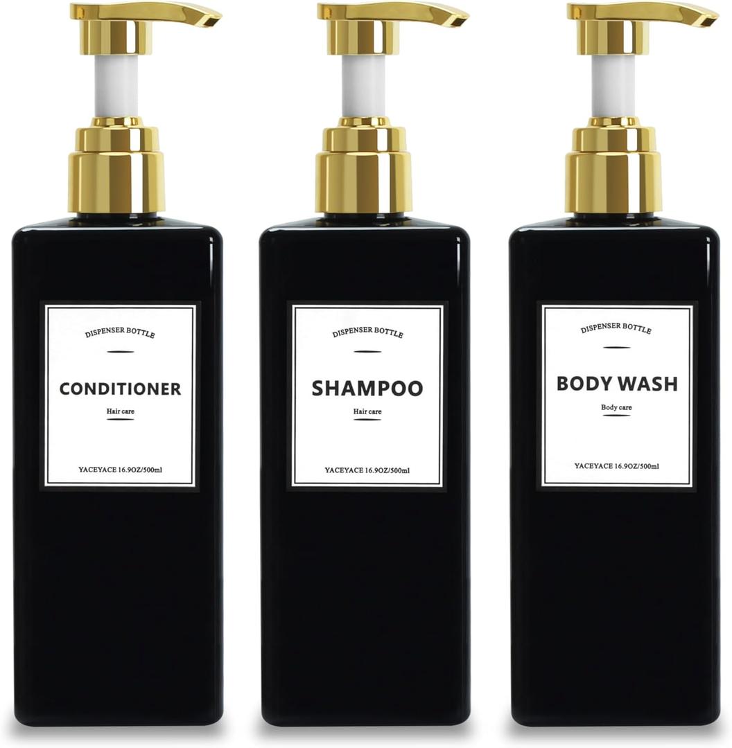 Black Shampoo Bottles with Gold Pump YACEYACE 16.9oz Set of 3 Shampoo and Conditioner Dispenser Empty Black Shower Bottles, Elegant Boutique Shampoo Dispenser for Bathroom, Lotion, Salon