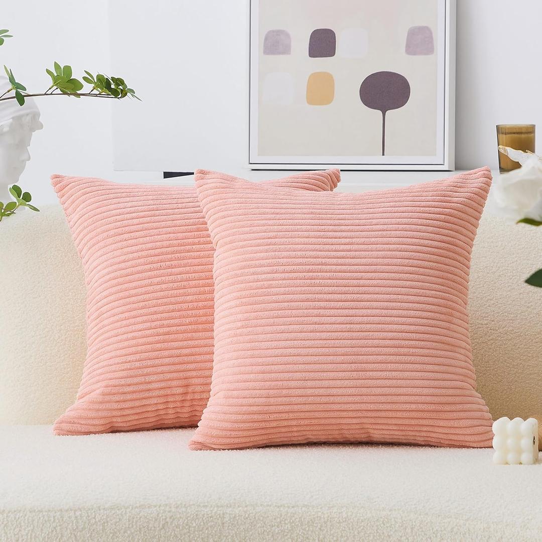 Home Brilliant Pink Pillow Covers 18x18 Set of 2 Decorative Throw Pillows Striped Velvet Corduroy Pillow Covers Set for Couch, 18 x 18 inch, Coral (18" x 18" (Pack of 2))