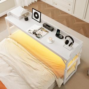 HOOBRO Overbed Table with Wheels, Rolling Table with Outlets & Light Strip for Queen Bed, Mobile Bed Desk & Drawer and Adjustable Height, Giant Computer Desk for Living Room, White WW180UDDN01
