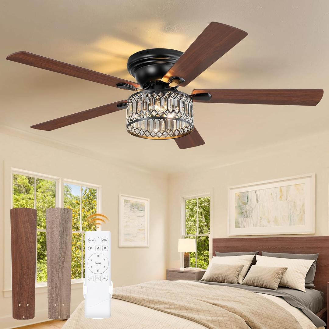 56 Inch Low Profile Chandelier Ceiling Fan with Light, Crystal Ceiling Fan with Lights, 6-Speeds, Quiet Reversible DC Motor, Black Flush Mount Ceiling Fans with Remote for Bedroom, Living Room