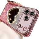 Glitter Mirror Case for iPhone 17 Pro Max, Cute Luxury Diamond Heart Makeup Mirror Bling Sparkly Rhinestones with Camera Protector TPU Bumper Women Girls Case for iPhone 17 Pro Max 6.9", Pink
