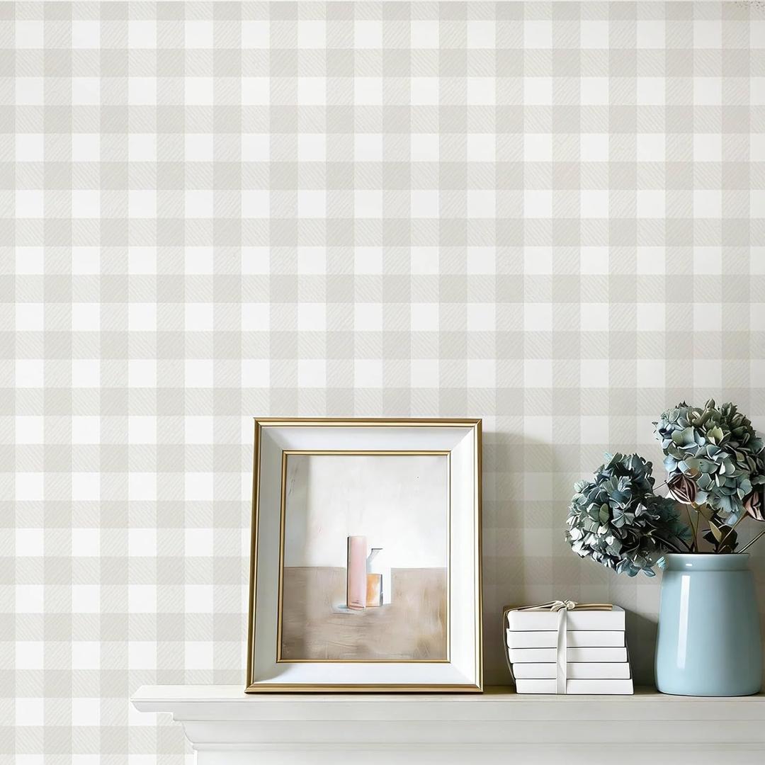 Plaid Wallpaper Neutral Wallpaper 78.7"17.3" Checkered Wall Paper Peel and Stick Modern Beige Contact Paper for Cabinets Vinyl Renter Friendly Waterproof Self-Adhesive Bathroom Kitchen Bedroom