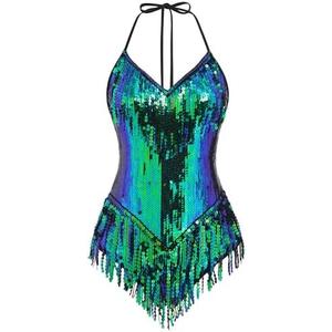 IBAKOM Sexy Sequins Fringe Bodysuit Halter Lace Up Back Jazz Latin Dance Tassel Leotard Acrobat Costume Rave Concert Outfits , Size small