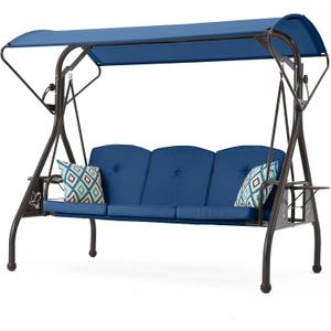 800LBS Patio Swing with Canopy 3 Seat Outdoor Porch Swing with Stand w/Cup Holder & Pillow Glider Chair Swing Bed for Patio Backyard Poolside (Blue)