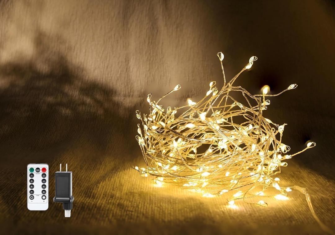 Fairy Lights 10 Feet 200 LEDs Cluster Lights Waterproof Firecracker String Light UL Plug Power Supply with Remote 8 Lighting Modes for Ceiling Bedroom Wreath Wedding Christmas, Warm White