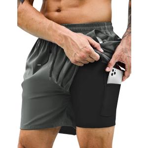 Mens Swim Trunks with Compression Liner Bathing Suits 2 Pack Quick Dry Stretch Beach Shorts 7 inch Inseam Swimwear (X-Large, 1pcs-grey)