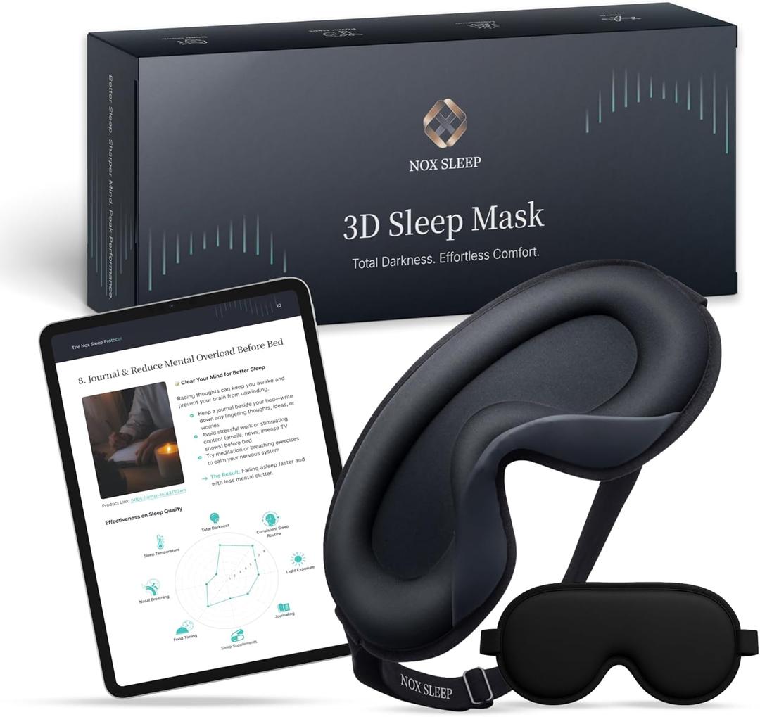Nox Sleep 3D Sleep Mask for Men, 100% Blackout Eye Mask for Sleep, Ice Silk Adjustable Sleeping Mask for Side Sleepers, Soft Breathable Blindfold, Perfect Sleep Mask for Travel & Women (Black)