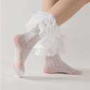 OYOANGLE Women's One Pair Floral Lace Crew Socks Layered Ruffle Elastic Above Ankle Socks (White)