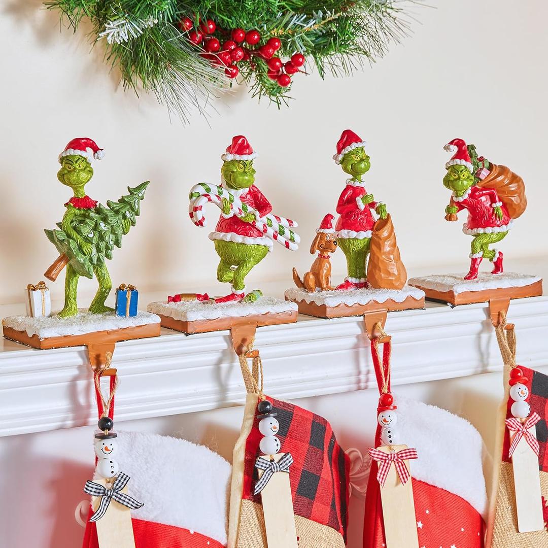 Set of 4 Christmas Stocking Holders for Mantle, 3D Resin Christmas Tree Santa Claus Stocking Hangers, Home Xmas Decorations for Fireplace Mantel Table Garland