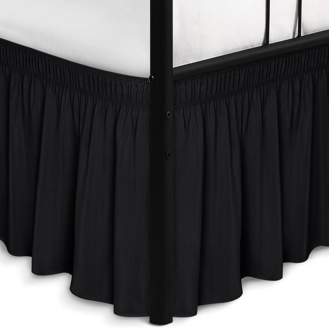 Biscaynebay Wrap Around Bed Skirts with Split Corners for Full Beds 14" Drop, Black Elastic Dust Ruffles Adjustable Easy Fit Wrinkle & Fade Resistant Silky Luxurious Fabric Machine Washable