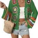 SHENHE Women's Floral Crochet Cardigan Hollow Out Open Front Long Sleeve Cardigan Sweater (Large, Green)