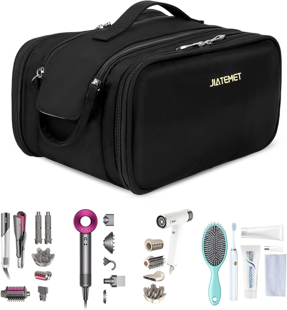 Tools Travel Bag for carrying hair dryer curling iron comb multi-layer hair accessories and tools with Dry Wet Depart Toiletries Travel Organizer (Black)