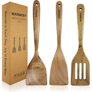 Natural Acacia Wood Spatula Set of 3, Nonstick Pan Safe Multipurpose Wooden Cooking Spatulas, Eco-Friendly Scratch-Proof Heat Resistant with Hanging Holes